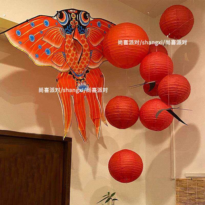新年锦鲤风筝春节中式过年红色灯笼挂件幼儿园布置装饰背景墙挂饰