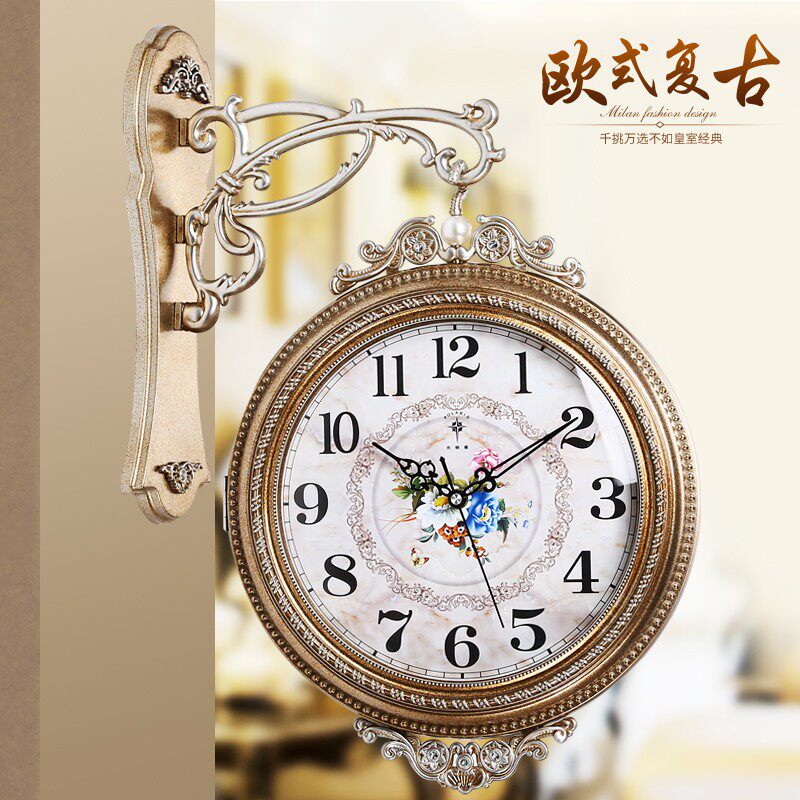 北极星欧式双面静音挂钟客厅创意田园时钟时尚现代轻奢家用石英钟