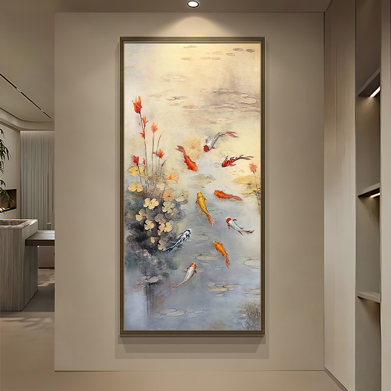 2024新款手绘油画现代轻奢走廊过道肌理挂画睡莲九鱼图玄关装饰画