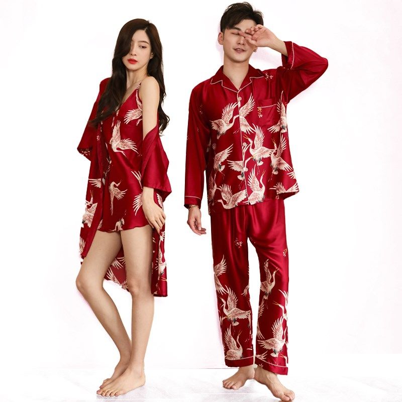 红色睡衣情侣结婚新婚礼高档婚用新娘晨袍女中式睡袍一裙一衣套装