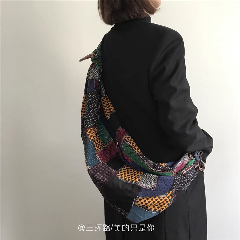 彩色民族风拼接格纹单肩包大容量帆布双肩包多用个性慵懒风斜挎包