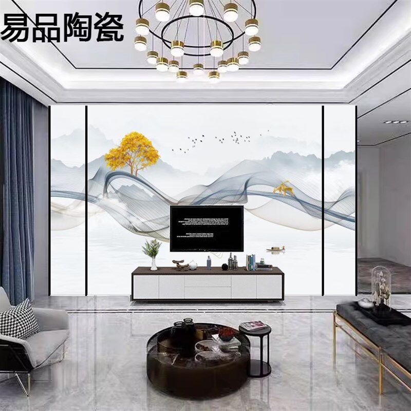 客厅新中式微晶石瓷砖背景墙山水现代大理石影视墙岩板电视背景墙
