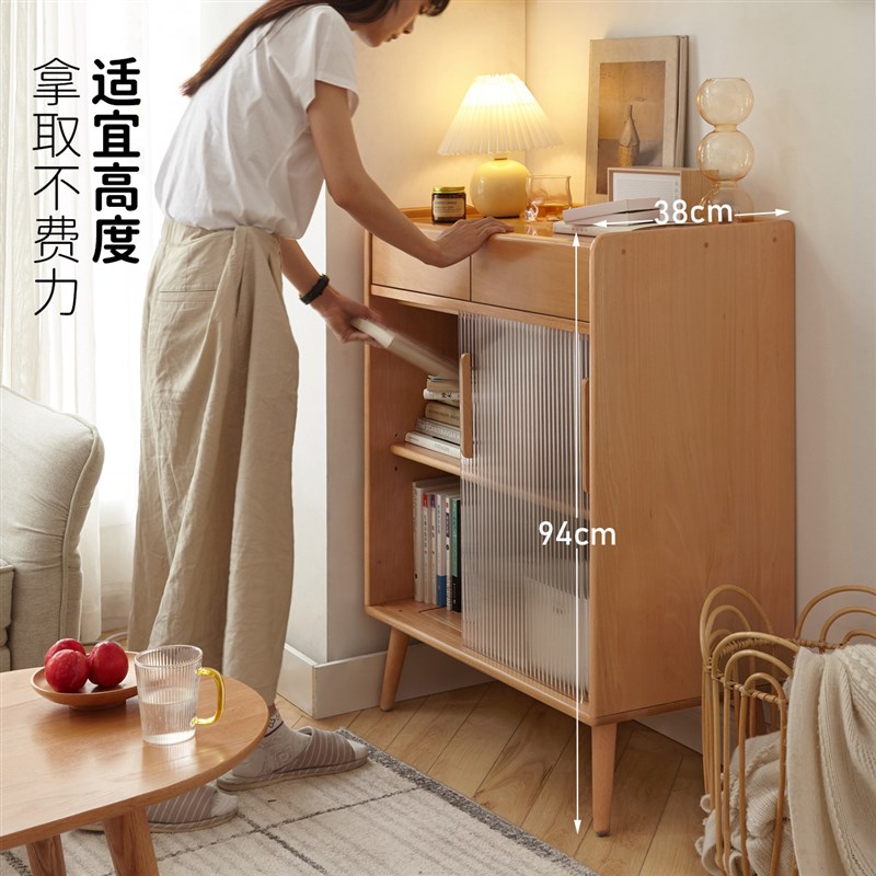 朵艺实木餐边柜简约客厅餐厅欧洲榉木收纳柜小户型家用移门储物柜