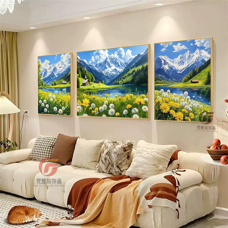 宫崎骏风景客厅装饰画奶油风唯美小清新温馨大海雪山花三联画