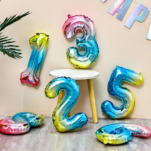 16寸数字铝膜气球彩色ins彩虹渐变生日儿童1235周岁场景布置装饰