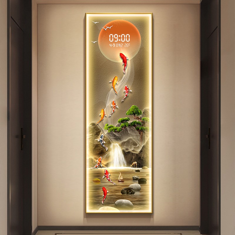 九鱼图玄关装饰画入户正对门走廊过道挂画轻奢高级感带灯带钟表