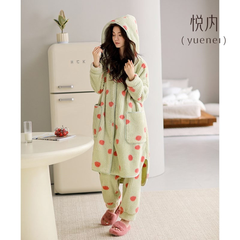 悦内睡袍女士睡衣秋冬款冬季珊瑚绒加绒加厚加长款家居服两件套装