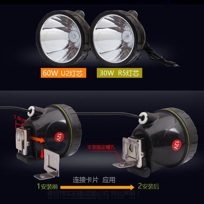 12V蓝光灯头60W 钓鱼灯 LED大功率夜钓灯分体头 30W夹电瓶外接灯
