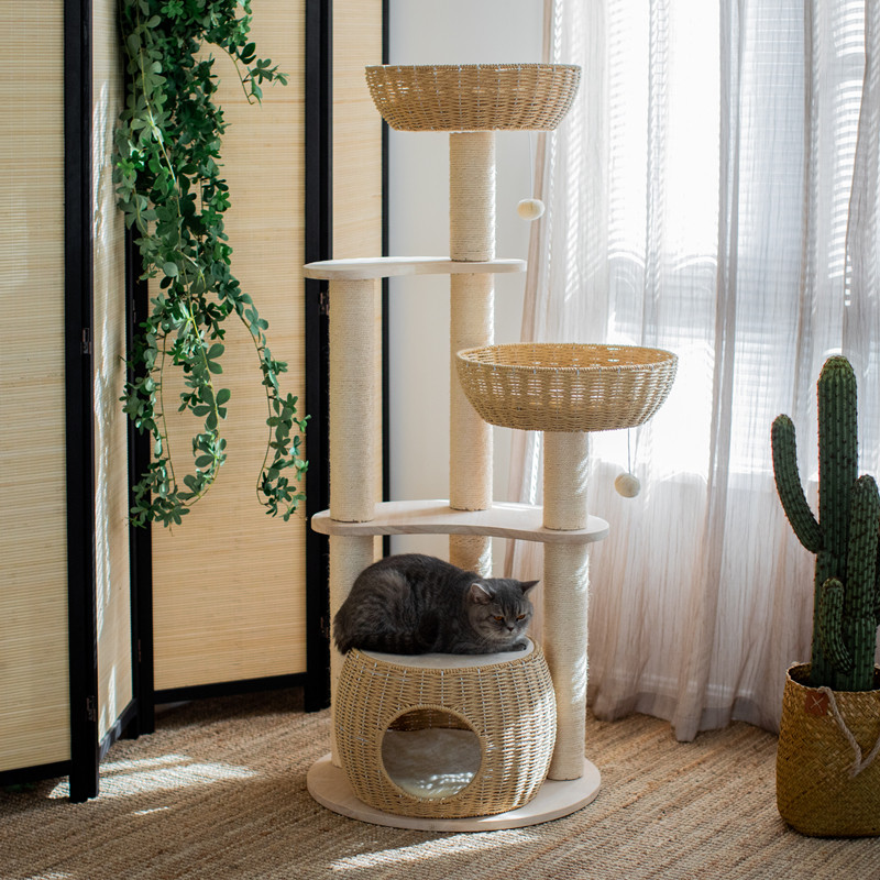 纯实木!藤编猫爬架猫窝猫树一体实木剑麻猫抓板猫笼立式大型编织