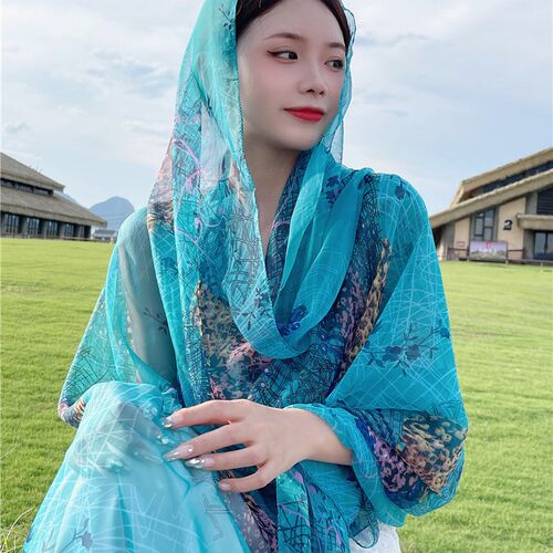 夏季优柔纱丝巾女春秋围巾超大防晒披肩纱巾旅游薄款披风沙滩巾