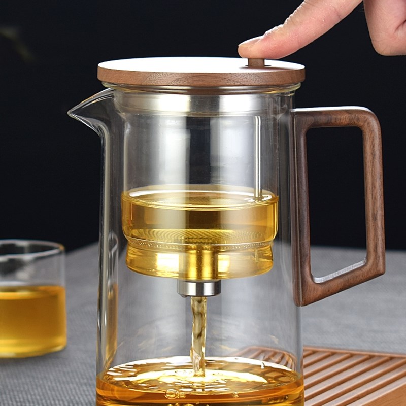 全玻璃内胆飘逸杯木手把泡茶壶沏茶杯按压式茶壶茶水分离茶具配件