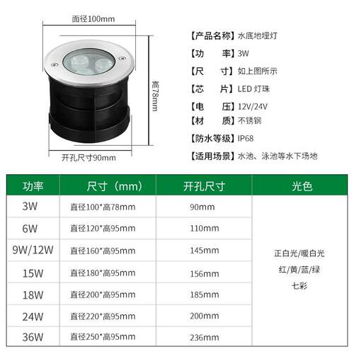 led水底嵌入式地埋灯12V24v不锈钢水池壁灯鱼池七彩埋地景观射灯