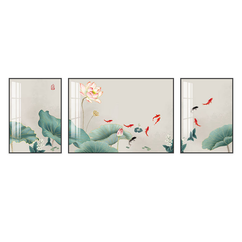 荷花九鱼图客厅装饰画新中式沙发背景墙挂画轻奢大气三联画墙壁画