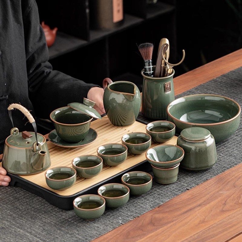 哥窑功夫茶具套装家用2025新款办公室喝茶泡茶盖碗茶壶茶杯子套装