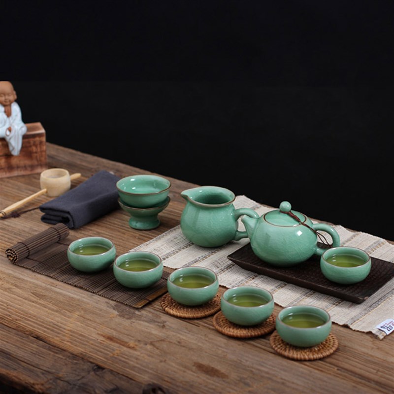 包邮龙泉青瓷功夫茶具10件套礼盒装陶瓷哥窑冰裂茶壶茶杯套装
