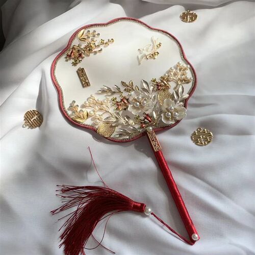 中式团扇秀禾服新娘结婚出嫁手工喜扇diy材料包古风婚礼成品扇