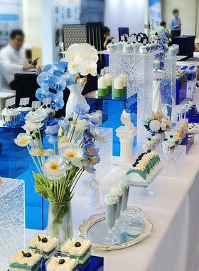 亚克力浅蓝色甜品台森系橙色商业茶歇克莱因蓝婚礼活动摆台点心架
