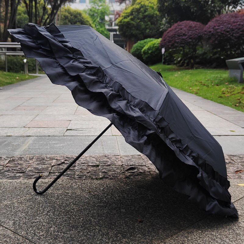 双层荷叶边蕾丝太阳伞弯钩黑胶防晒遮阳晴雨两用淑女洛丽塔公主伞