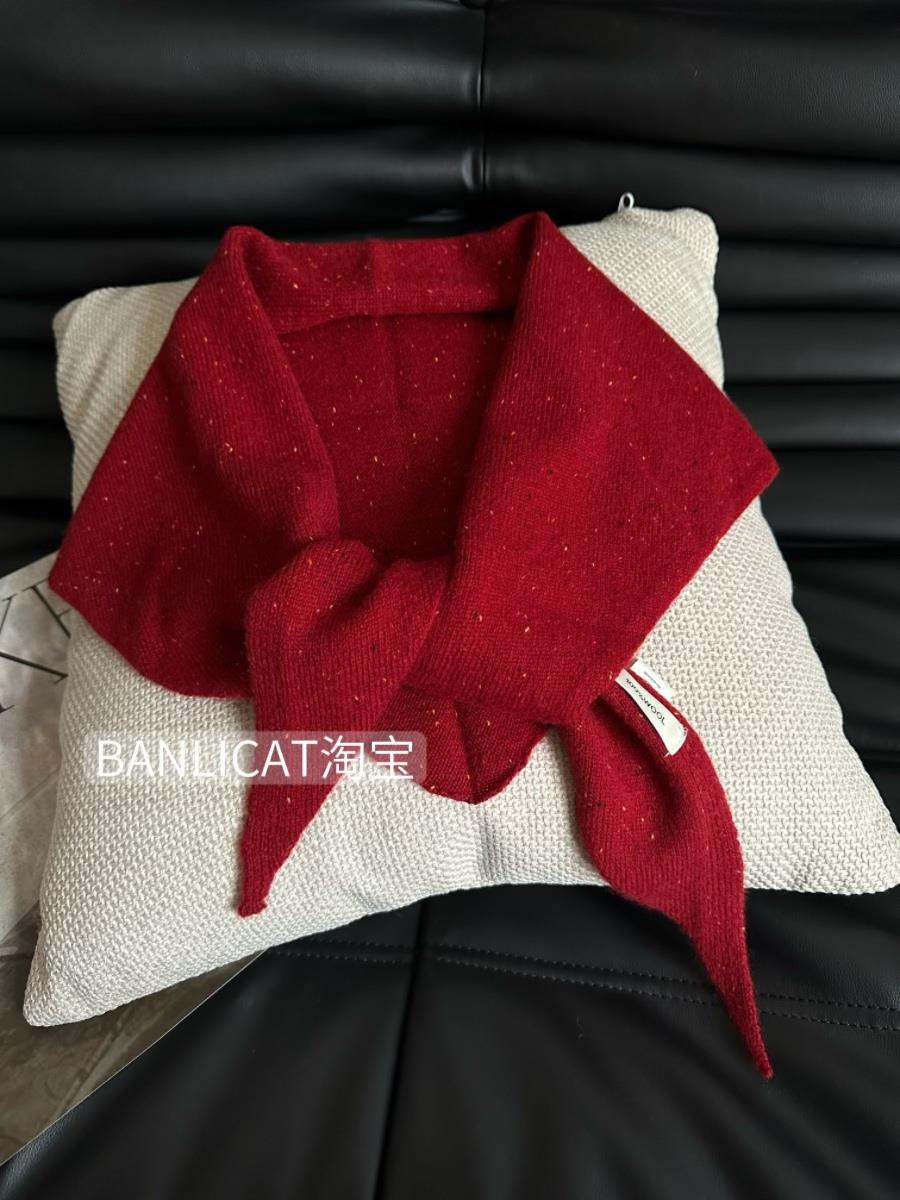 BanliCat100%羊毛氛围感显白红色针织三角巾女复古围巾小领巾披肩