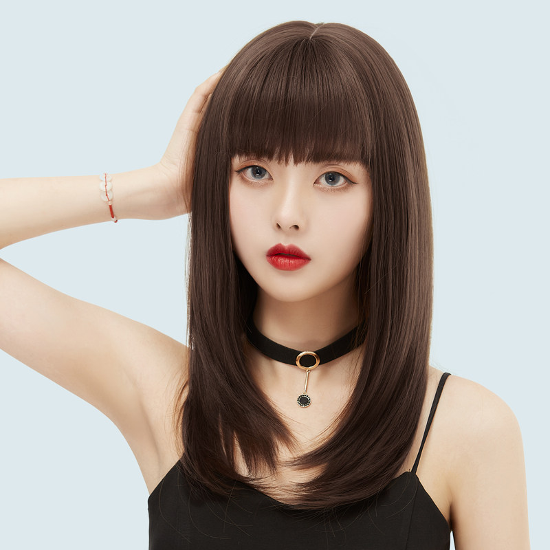 假发女长发直发锁骨头套式仿真人发丝自然圆脸中长发全头套长头发