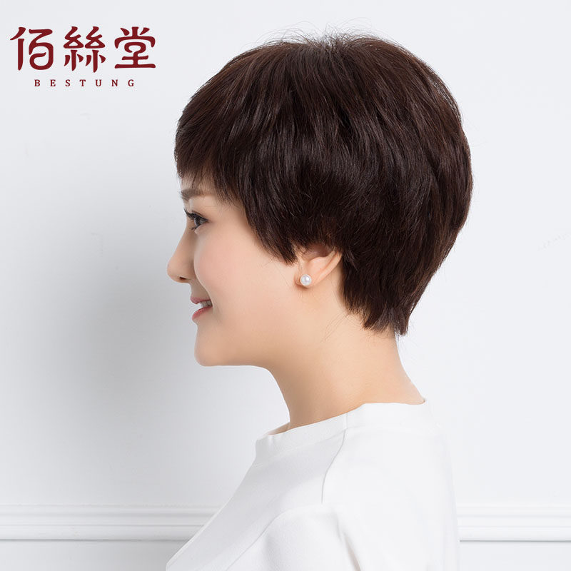 假发女短发妈妈真发套短卷发中老年全头套真人发丝自然全手织发套