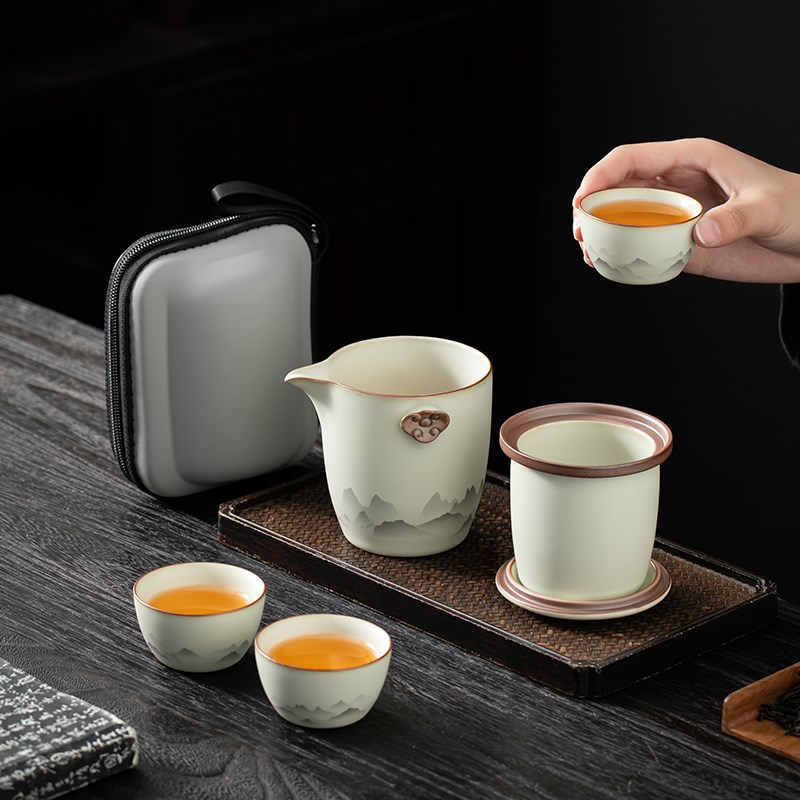 便携式汝窑旅行茶具小套装简易户外泡茶壶茶杯个人专用露营快客杯