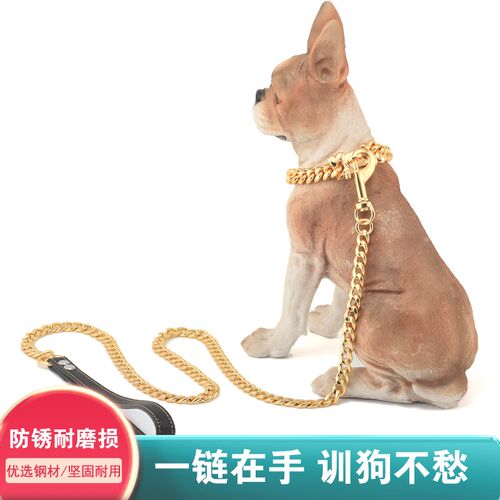 狗项圈牵引绳不锈钢刻字狗链金色宠物中型犬中大型犬恶霸遛狗项链