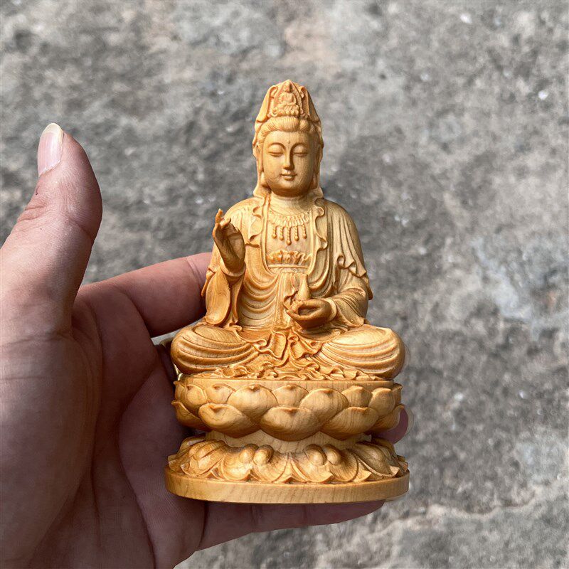 崖柏木雕坐莲托瓶观音菩萨像家用车载佛堂供奉实木佛像工艺品摆件