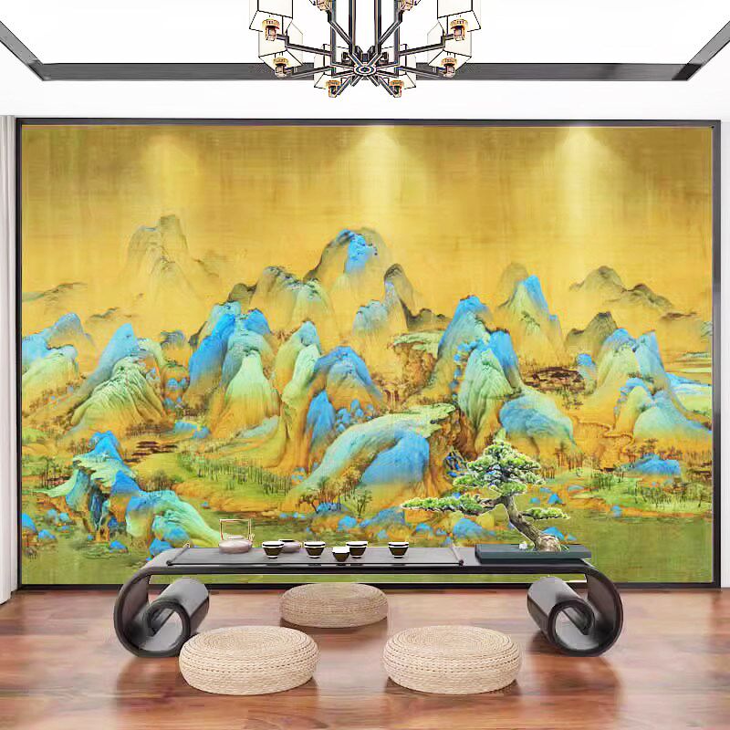 复古酒店国画千里江山图电视背景墙纸自粘沙发墙贴中国风茶室墙布