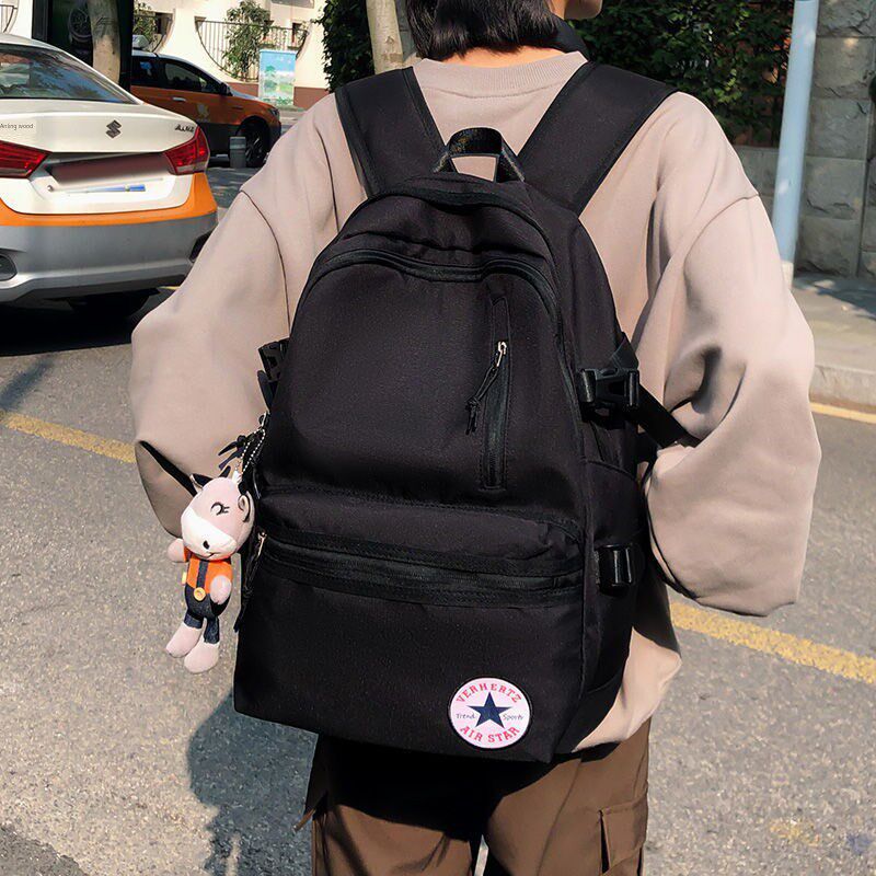 红色简约百搭大学生双肩包男日系ins大容量书包高中生学院背包