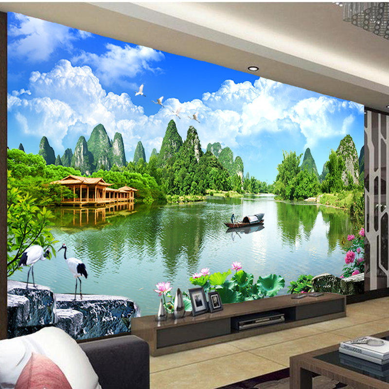 现代3d电视背景墙壁布山水风景画新中式墙布客厅沙发8d影视墙壁画