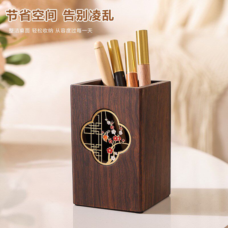 黑檀木实木质桶笔筒中国风复古桌面摆件收纳盒商务送老师朋友礼品