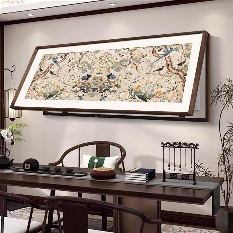 新中式客厅电表箱装饰画超大尺寸花鸟百碟图遮挡配电箱实木框挂画