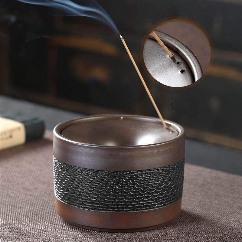 紫陶跳刀烟灰缸中式复古茶渣缸带盖防飞灰烟蛊茶台创意摆件装饰品