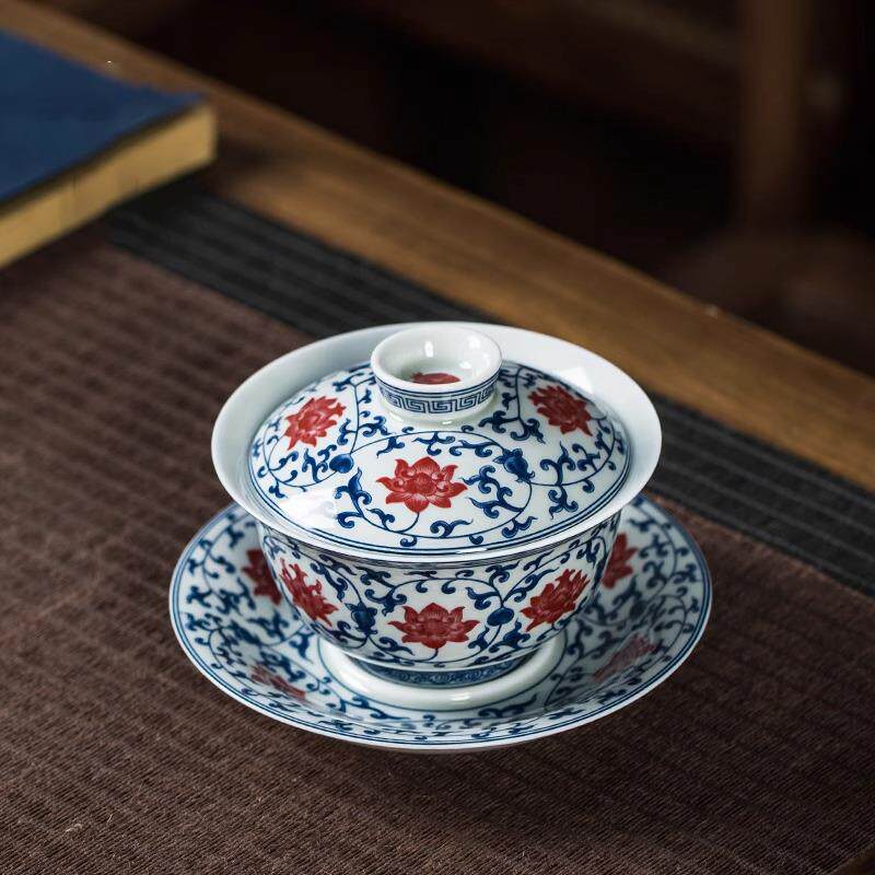景德镇三才盖碗复古风茶杯单个高档陶瓷功夫青花釉里红泡茶碗套装
