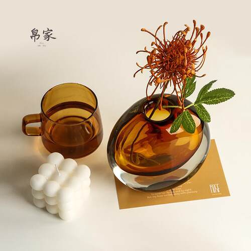 轻奢玄关玻璃花瓶摆件创意客厅插花现代简约餐桌面软装饰品小花器