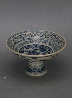 明青花麒麟高足果盘古董古玩仿古瓷器全手工绘画古典家居装饰摆件