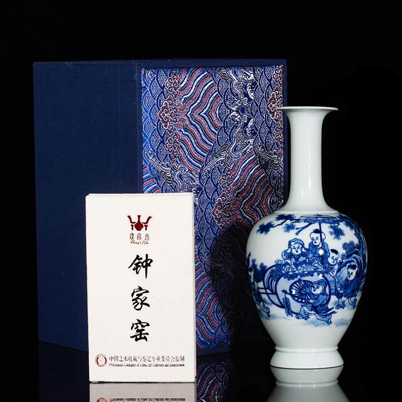 钟家窑景德镇陶瓷手绘柴窑花瓶中式客厅柴烧青花瓷摆件瓷器工艺品