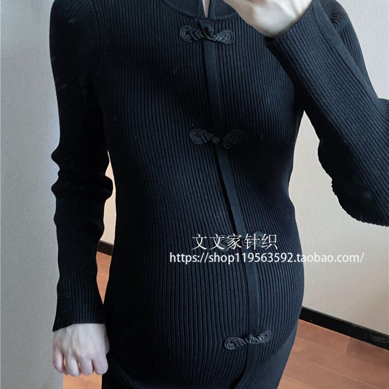 文文家针织秋冬女毛衣针织连衣裙孕妇装黑色旗袍风内搭打底长裙子