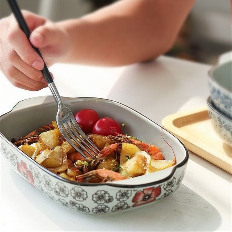 日式釉下彩双耳焗饭盘子新款芝士烧烤盘子鱼盘网红长方盘加厚菜盘
