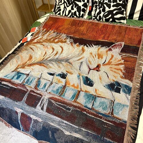 钢琴猫咪中古风挂毯混纺加厚墙饰沙发盖巾130*160CM美式乡村风格