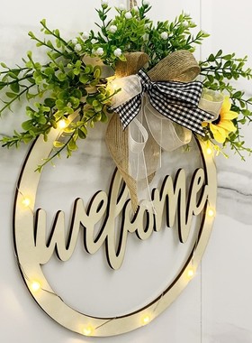 新款木制工艺品花环门挂花圈家居装饰吊挂件led灯光镂空欢迎木牌