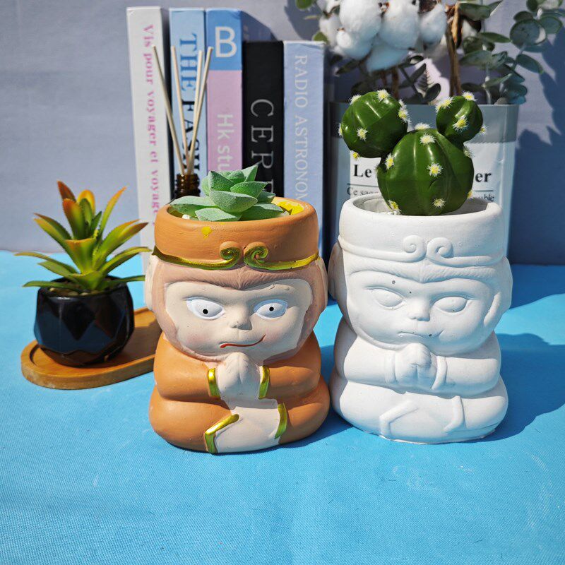 多肉花盆水泥模具卡通创意西游记师徒桌面小花盆磨具白模上色绘制