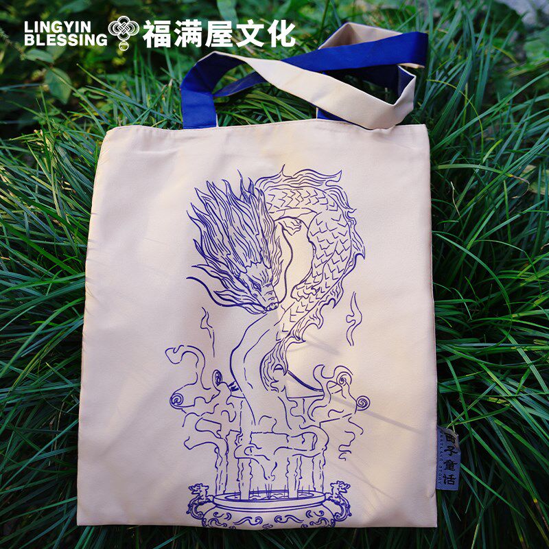 杭州灵隐新品绒布袋丝绸缎面单肩包国风帆布袋文艺手拎包女包