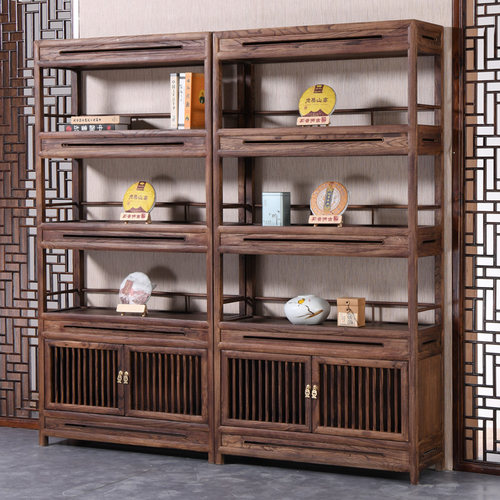 新中式实木简易多层展示架书架博古置物架简约两门多宝阁客厅书柜