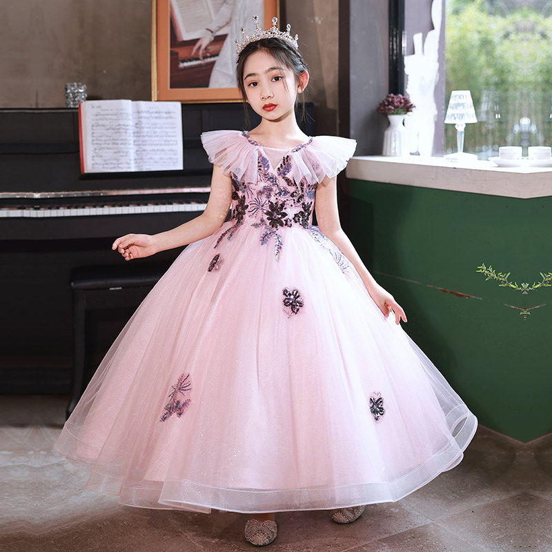 女童主持人礼服粉色高端公主裙生日花童婚纱儿童钢琴演出服长裙夏