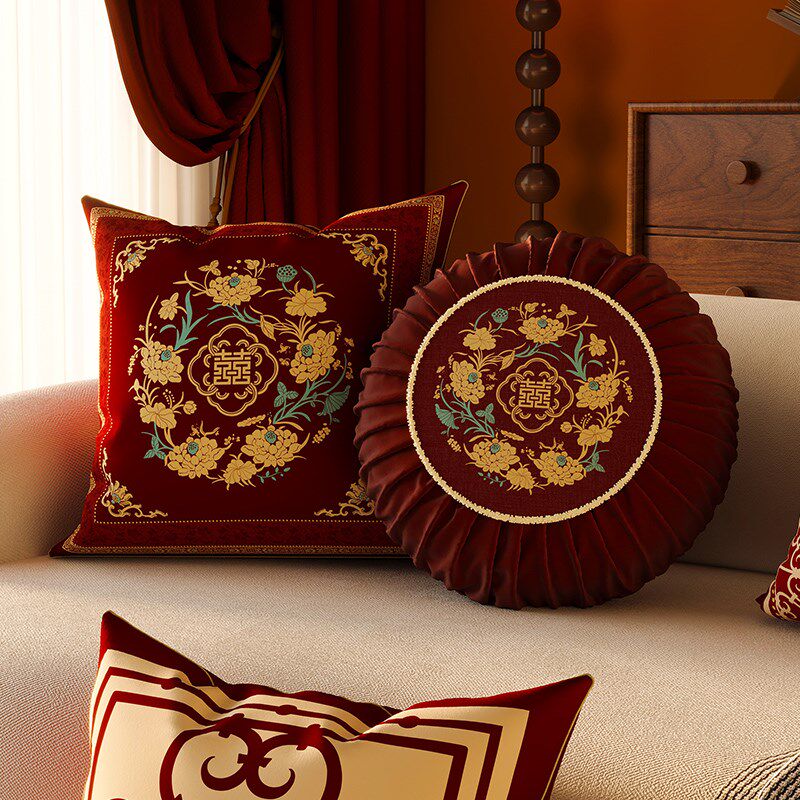 新中式红色喜庆抱枕客厅沙发腰枕国风结婚靠枕靠垫高级感床头靠背