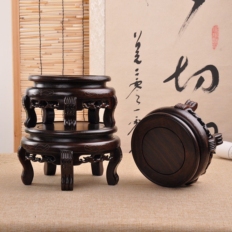 实木花盆圆形花瓶盆景鱼缸木雕摆件水晶奇石木质虎脚手工掐丝底座