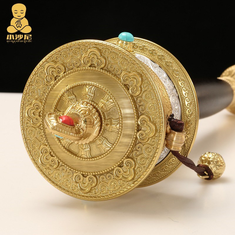 藏式手持转金简宝石镶嵌檀木手柄藏族手摇转金桶西藏转动轮摆件