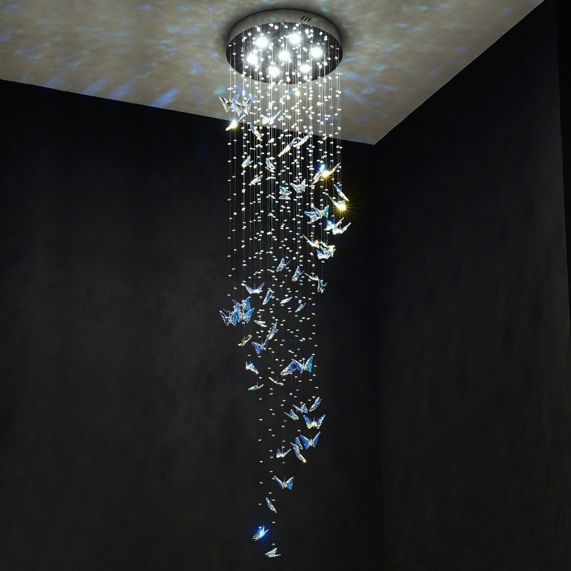 北欧轻奢K9水晶蝴蝶吊灯别墅复式楼餐厅loft客厅挑空旋转楼梯吊灯